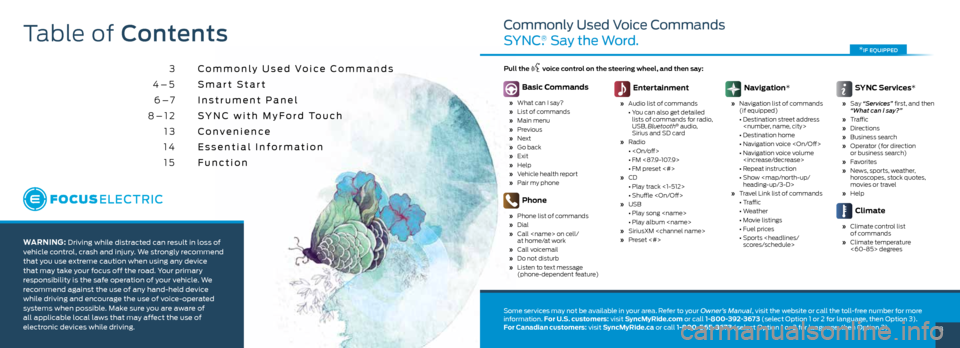 FORD FOCUS ELECTRIC 2014 3.G Quick Reference Guide 3
4–5 6 –7
8–12 13
14 15 Commonly Used Voice Commands 
Smart Start
Instrument Panel
SYNC with MyFord Touch
Convenience
Essential Information
Function
Warning: Driving while distracted can result