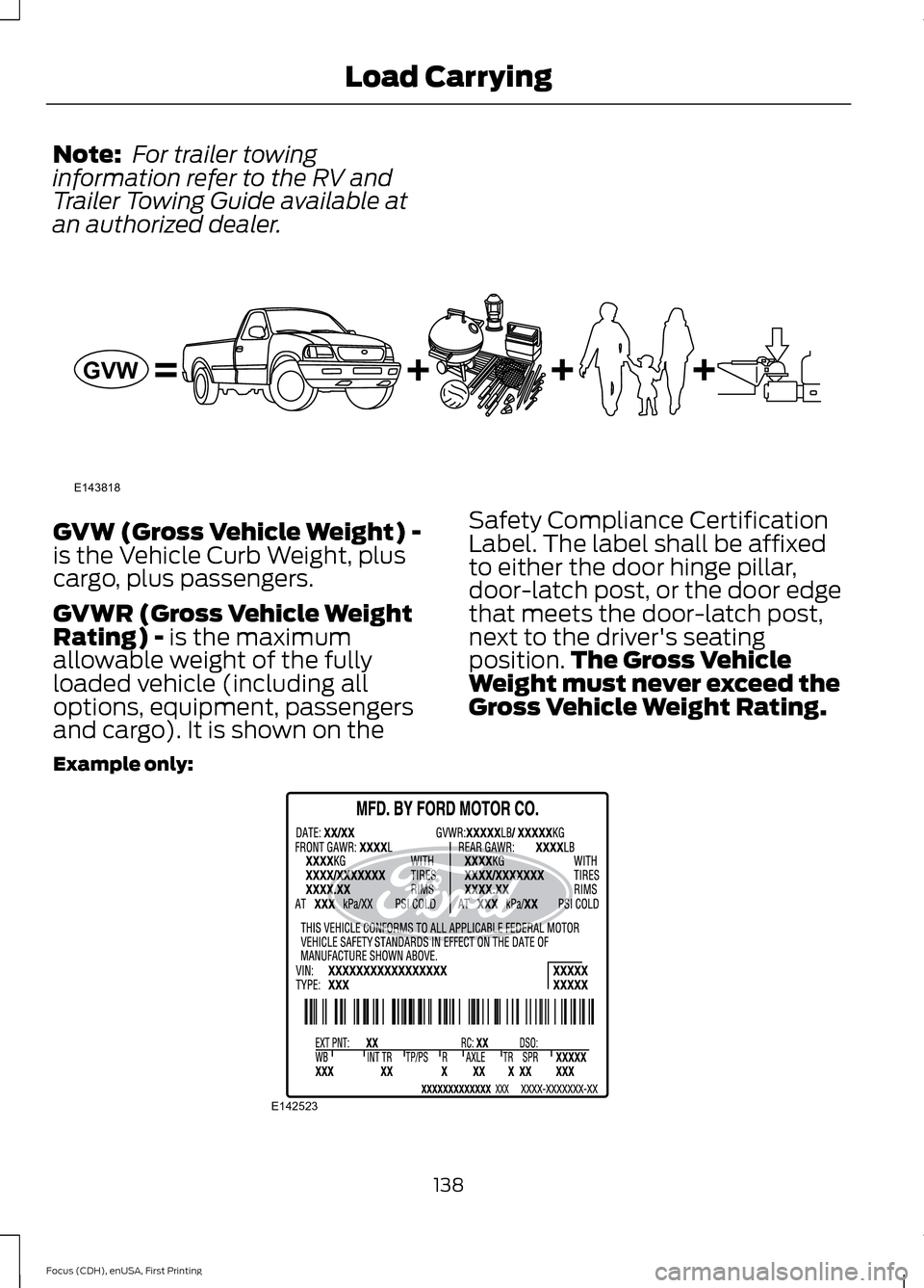 FORD FOCUS ELECTRIC 2015 3.G Owners Manual Note:
For trailer towing
information refer to the RV and
Trailer Towing Guide available at
an authorized dealer. GVW (Gross Vehicle Weight) -
is the Vehicle Curb Weight, plus
cargo, plus passengers.
FORD FOCUS ELECTRIC 2015 3.G Owners Manual Note:
For trailer towing
information refer to the RV and
Trailer Towing Guide available at
an authorized dealer. GVW (Gross Vehicle Weight) -
is the Vehicle Curb Weight, plus
cargo, plus passengers.