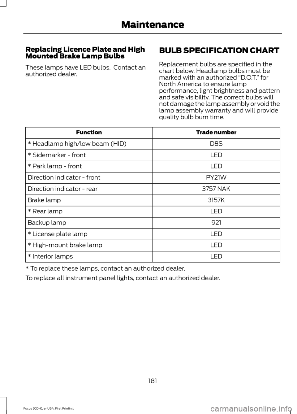 FORD FOCUS ELECTRIC 2015 3.G Owners Manual Replacing Licence Plate and High
Mounted Brake Lamp Bulbs
These lamps have LED bulbs.  Contact an
authorized dealer.
BULB SPECIFICATION CHART
Replacement bulbs are specified in the
chart below. Headla