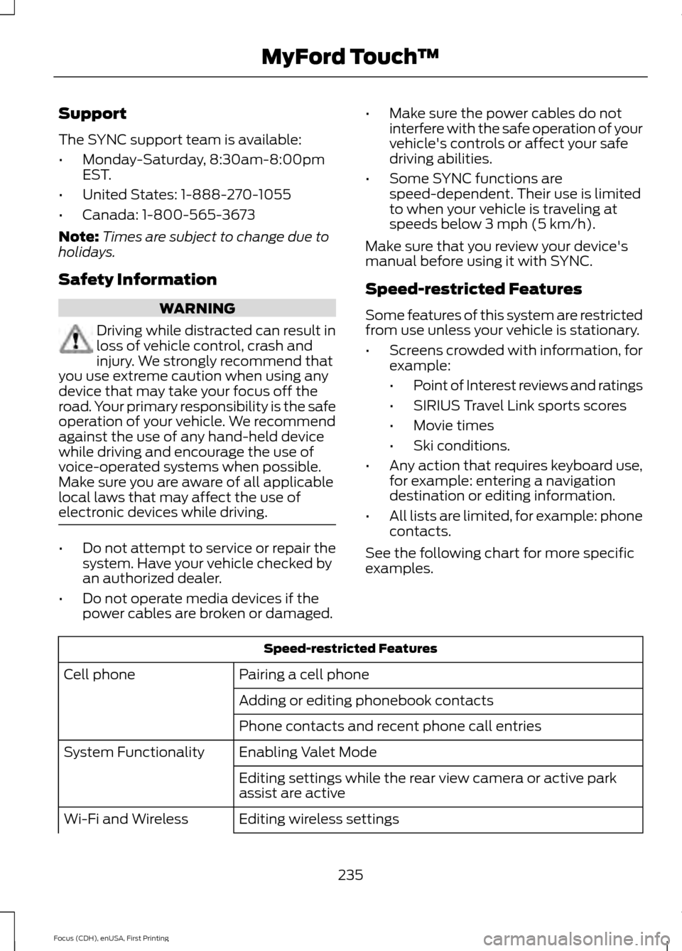 FORD FOCUS ELECTRIC 2015 3.G Owners Manual Support
The SYNC support team is available:
•
Monday-Saturday, 8:30am-8:00pm
EST.
• United States: 1-888-270-1055
• Canada: 1-800-565-3673
Note: Times are subject to change due to
holidays.
Safe FORD FOCUS ELECTRIC 2015 3.G Owners Manual Support
The SYNC support team is available:
•
Monday-Saturday, 8:30am-8:00pm
EST.
• United States: 1-888-270-1055
• Canada: 1-800-565-3673
Note: Times are subject to change due to
holidays.
Safe