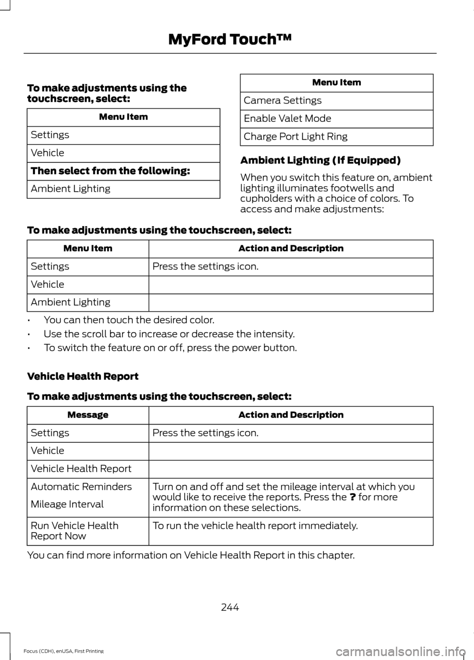 FORD FOCUS ELECTRIC 2015 3.G Owners Manual To make adjustments using the
touchscreen, select:
Menu Item
Settings
Vehicle
Then select from the following:
Ambient Lighting Menu Item
Camera Settings
Enable Valet Mode
Charge Port Light Ring
Ambien FORD FOCUS ELECTRIC 2015 3.G Owners Manual To make adjustments using the
touchscreen, select:
Menu Item
Settings
Vehicle
Then select from the following:
Ambient Lighting Menu Item
Camera Settings
Enable Valet Mode
Charge Port Light Ring
Ambien