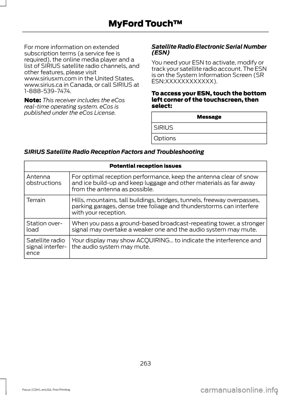 FORD FOCUS ELECTRIC 2015 3.G Owners Manual For more information on extended
subscription terms (a service fee is
required), the online media player and a
list of SIRIUS satellite radio channels, and
other features, please visit
www.siriusxm.co