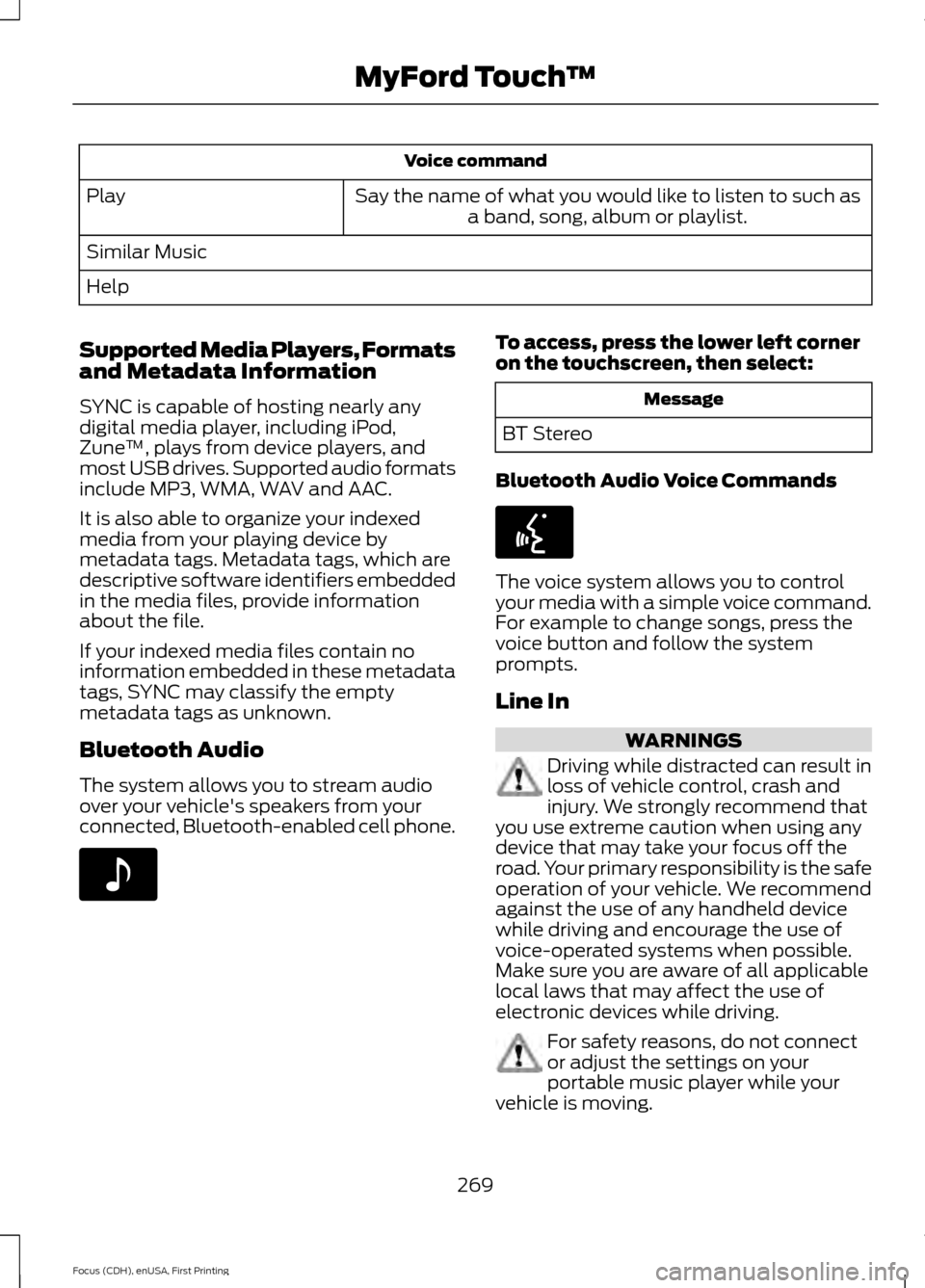 FORD FOCUS ELECTRIC 2015 3.G Owners Manual Voice command
Say the name of what you would like to listen to such as a band, song, album or playlist.
Play
Similar Music
Help
Supported Media Players, Formats
and Metadata Information
SYNC is capabl