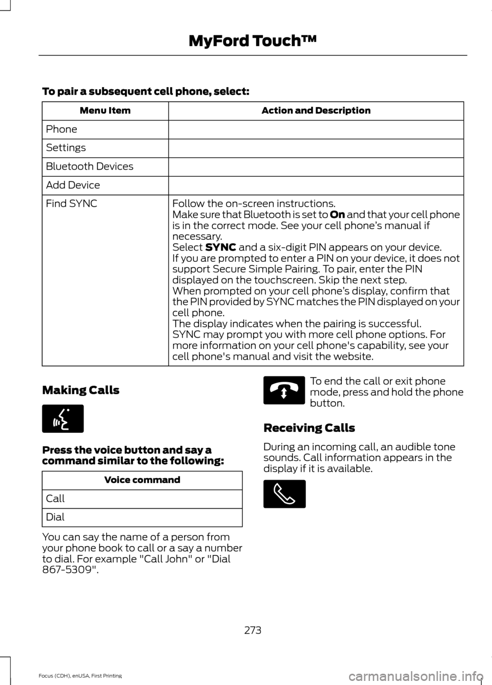 FORD FOCUS ELECTRIC 2015 3.G Owners Manual To pair a subsequent cell phone, select:
Action and Description
Menu Item
Phone
Settings
Bluetooth Devices
Add Device Follow the on-screen instructions.
Find SYNC
Make sure that Bluetooth is set to On FORD FOCUS ELECTRIC 2015 3.G Owners Manual To pair a subsequent cell phone, select:
Action and Description
Menu Item
Phone
Settings
Bluetooth Devices
Add Device Follow the on-screen instructions.
Find SYNC
Make sure that Bluetooth is set to On