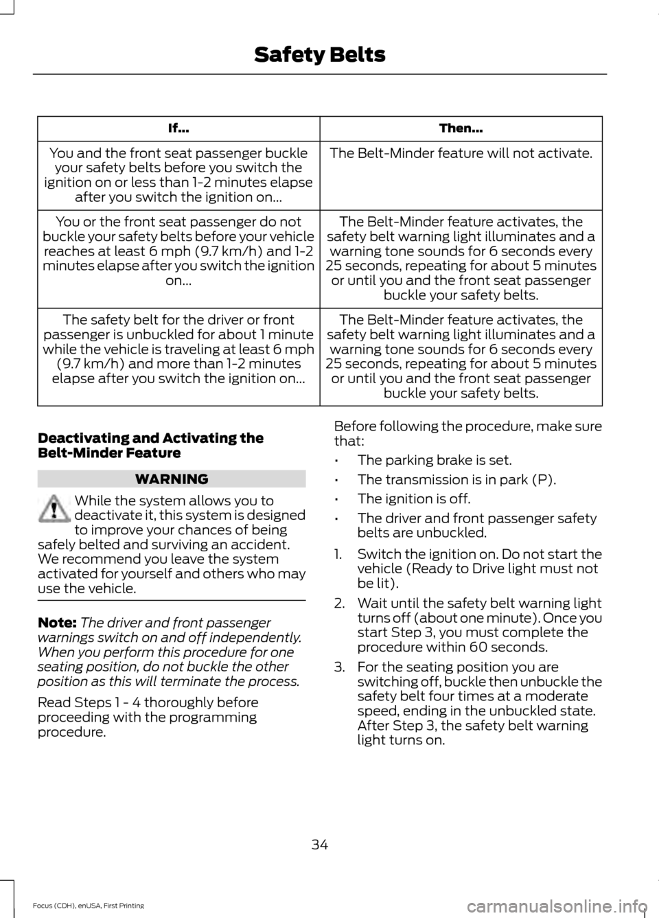 FORD FOCUS ELECTRIC 2015 3.G Owners Guide Then...
If...
The Belt-Minder feature will not activate.
You and the front seat passenger buckle
your safety belts before you switch the
ignition on or less than 1-2 minutes elapse after you switch th FORD FOCUS ELECTRIC 2015 3.G Owners Guide Then...
If...
The Belt-Minder feature will not activate.
You and the front seat passenger buckle
your safety belts before you switch the
ignition on or less than 1-2 minutes elapse after you switch th