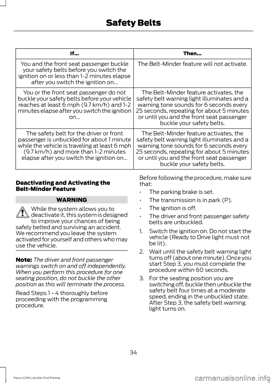 FORD FOCUS ELECTRIC 2015 3.G Owners Guide Then...
If...
The Belt-Minder feature will not activate.
You and the front seat passenger buckle
your safety belts before you switch the
ignition on or less than 1-2 minutes elapse after you switch th