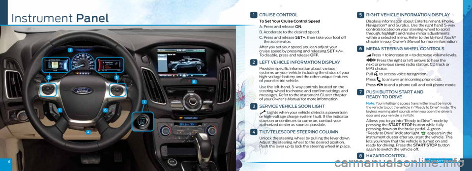 FORD FOCUS ELECTRIC 2015 3.G Quick Reference Guide 25
3
1
4
6
67
7
8
1
CRUISE CONTROL
To Set Your Cruise Control Speed
A. Press and release ON.
B. Accelerate to the desired speed.
C. Press and release SET+, then take your foot off
the acceler FORD FOCUS ELECTRIC 2015 3.G Quick Reference Guide 25
3
1
4
6
67
7
8
1
CRUISE CONTROL
To Set Your Cruise Control Speed
A. Press and release ON.
B. Accelerate to the desired speed.
C. Press and release SET+, then take your foot off
the acceler