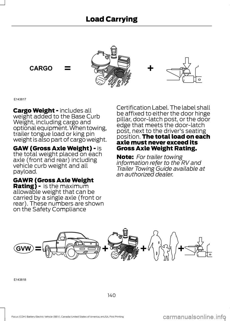 FORD FOCUS ELECTRIC 2016 3.G Owners Manual Cargo Weight - includes all
weight added to the Base Curb
Weight, including cargo and
optional equipment. When towing,
trailer tongue load or king pin
weight is also part of cargo weight.
GAW (Gross A FORD FOCUS ELECTRIC 2016 3.G Owners Manual Cargo Weight - includes all
weight added to the Base Curb
Weight, including cargo and
optional equipment. When towing,
trailer tongue load or king pin
weight is also part of cargo weight.
GAW (Gross A