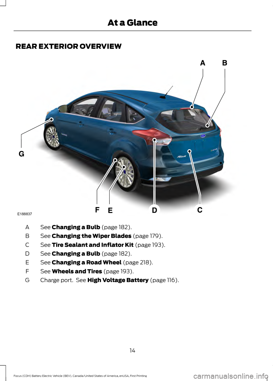 FORD FOCUS ELECTRIC 2016 3.G User Guide REAR EXTERIOR OVERVIEW
See Changing a Bulb (page 182).
A
See 
Changing the Wiper Blades (page 179).
B
See 
Tire Sealant and Inflator Kit (page 193).
C
See 
Changing a Bulb (page 182).
D
See 
Changing 