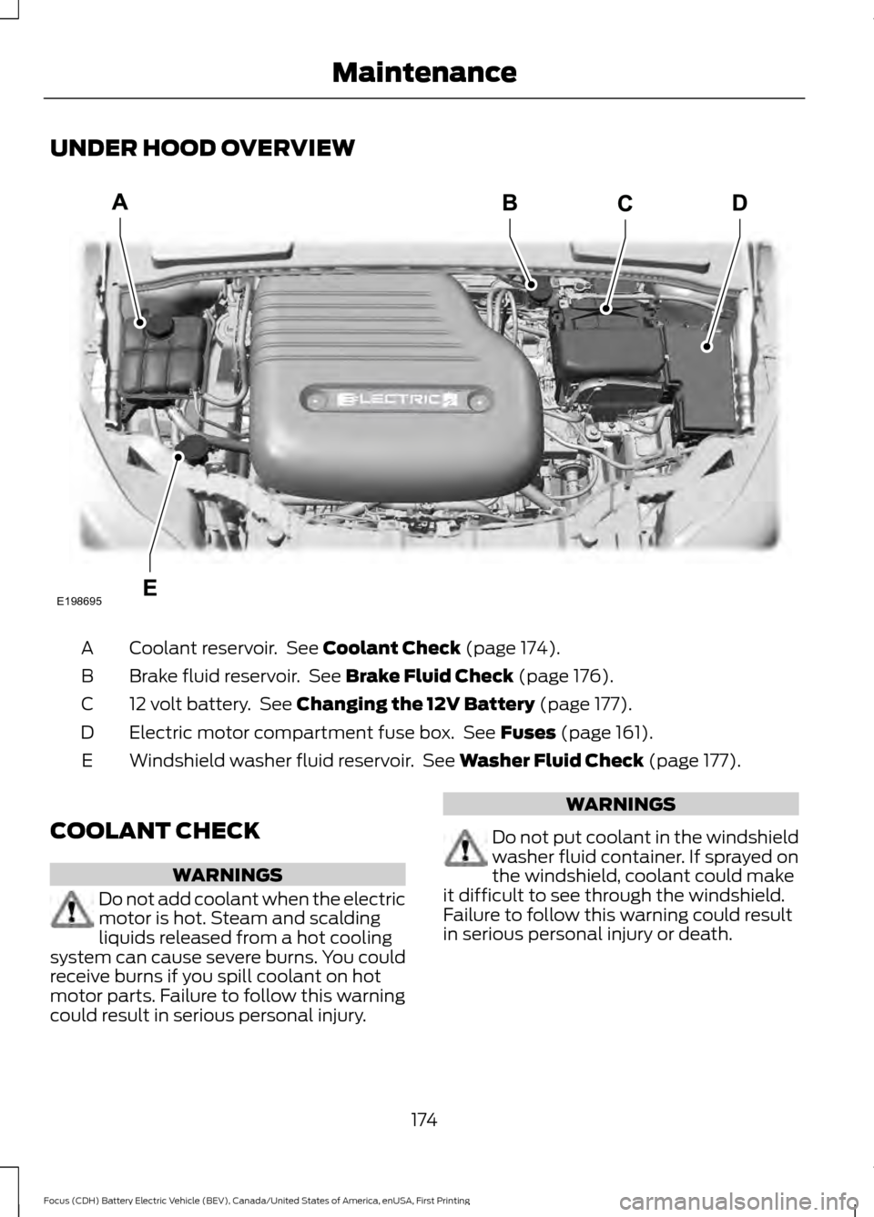 FORD FOCUS ELECTRIC 2016 3.G Owners Manual UNDER HOOD OVERVIEW
Coolant reservoir.  See Coolant Check (page 174).
A
Brake fluid reservoir.  See 
Brake Fluid Check (page 176).
B
12 volt battery.  See 
Changing the 12V Battery (page 177).
C
Elect