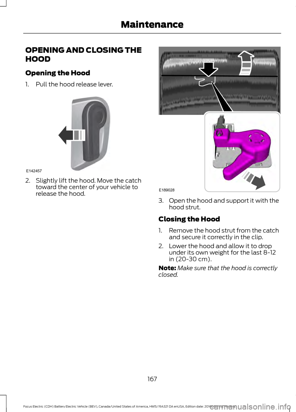 FORD FOCUS ELECTRIC 2017 3.G Owners Manual OPENING AND CLOSING THE
HOOD
Opening the Hood
1. Pull the hood release lever.
2. Slightly lift the hood. Move the catch
toward the center of your vehicle to
release the hood. 3.
Open the hood and supp