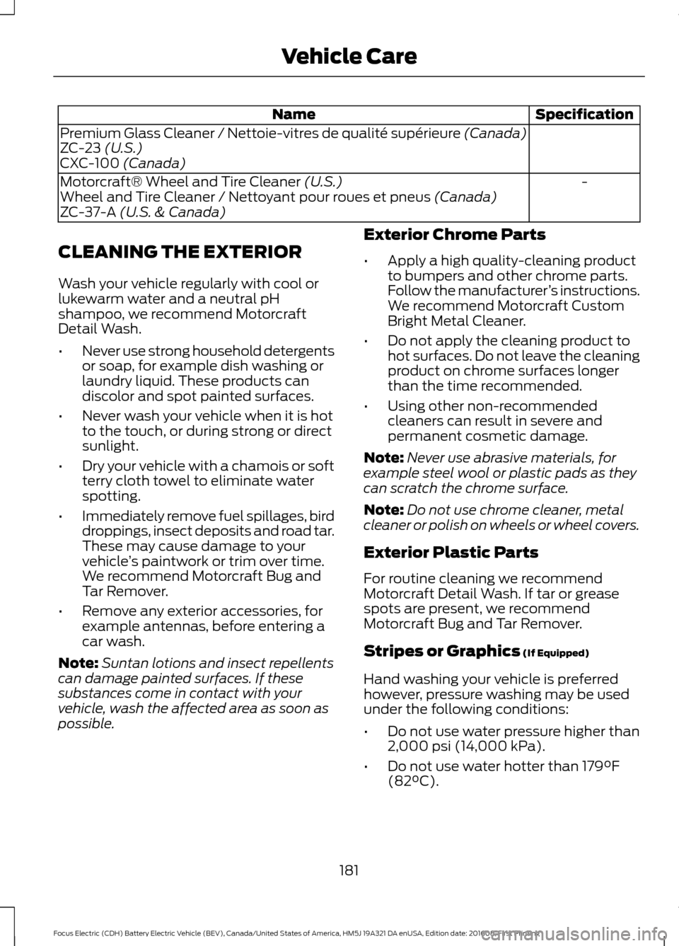 FORD FOCUS ELECTRIC 2017 3.G Owners Manual Specification
Name
Premium Glass Cleaner / Nettoie-vitres de qualité supérieure (Canada)
ZC-23 (U.S.)
CXC-100 (Canada)
-
Motorcraft® Wheel and Tire Cleaner
 (U.S.)
Wheel and Tire Cleaner / Nettoyan