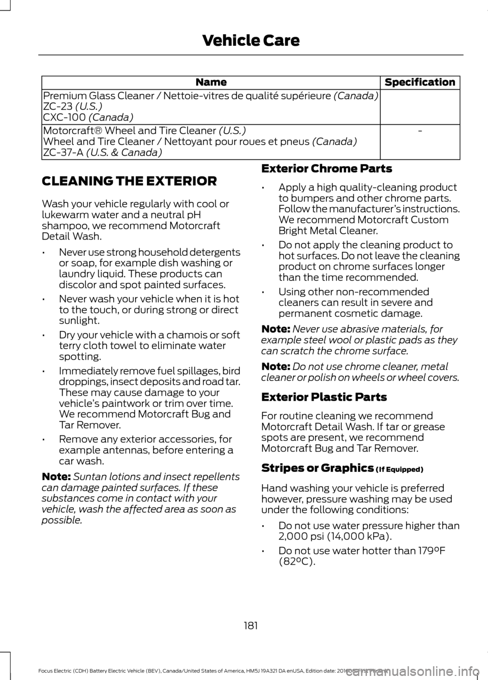 FORD FOCUS ELECTRIC 2017 3.G Owners Manual Specification
Name
Premium Glass Cleaner / Nettoie-vitres de qualité supérieure (Canada)
ZC-23 (U.S.)
CXC-100 (Canada)
-
Motorcraft® Wheel and Tire Cleaner
(U.S.)
Wheel and Tire Cleaner / Nettoyan FORD FOCUS ELECTRIC 2017 3.G Owners Manual Specification
Name
Premium Glass Cleaner / Nettoie-vitres de qualité supérieure (Canada)
ZC-23 (U.S.)
CXC-100 (Canada)
-
Motorcraft® Wheel and Tire Cleaner
(U.S.)
Wheel and Tire Cleaner / Nettoyan