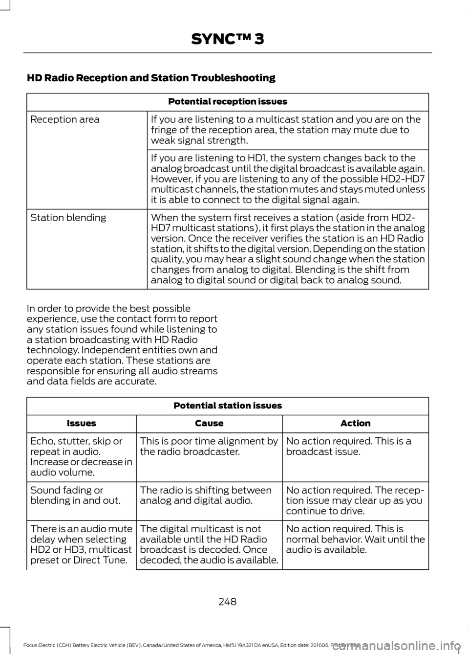 FORD FOCUS ELECTRIC 2017 3.G Owners Manual HD Radio Reception and Station Troubleshooting
Potential reception issues
If you are listening to a multicast station and you are on the
fringe of the reception area, the station may mute due to
weak FORD FOCUS ELECTRIC 2017 3.G Owners Manual HD Radio Reception and Station Troubleshooting
Potential reception issues
If you are listening to a multicast station and you are on the
fringe of the reception area, the station may mute due to
weak