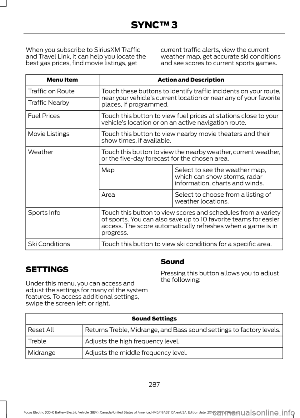 FORD FOCUS ELECTRIC 2017 3.G Owners Manual When you subscribe to SiriusXM Traffic
and Travel Link, it can help you locate the
best gas prices, find movie listings, get
current traffic alerts, view the current
weather map, get accurate ski cond FORD FOCUS ELECTRIC 2017 3.G Owners Manual When you subscribe to SiriusXM Traffic
and Travel Link, it can help you locate the
best gas prices, find movie listings, get
current traffic alerts, view the current
weather map, get accurate ski cond