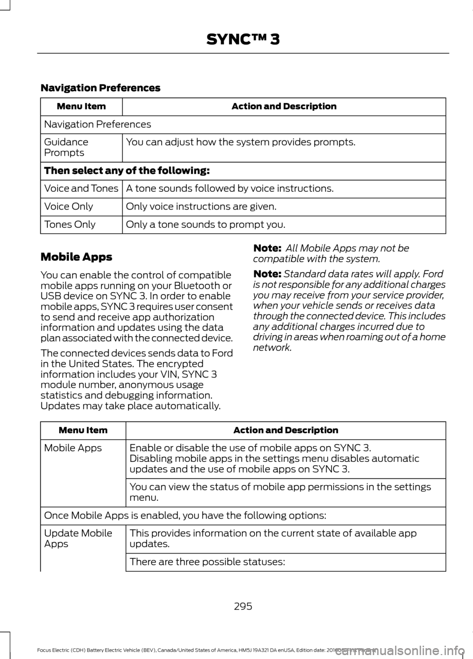 FORD FOCUS ELECTRIC 2017 3.G Owners Manual Navigation Preferences
Action and Description
Menu Item
Navigation Preferences You can adjust how the system provides prompts.
Guidance
Prompts
Then select any of the following:
A tone sounds followed FORD FOCUS ELECTRIC 2017 3.G Owners Manual Navigation Preferences
Action and Description
Menu Item
Navigation Preferences You can adjust how the system provides prompts.
Guidance
Prompts
Then select any of the following:
A tone sounds followed