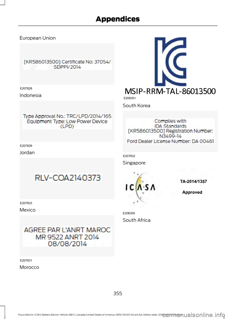 FORD FOCUS ELECTRIC 2017 3.G Owners Manual European Union
Indonesia
Jordan
Mexico
Morocco South Korea
Singapore
South Africa
355
Focus Electric (CDH) Battery Electric Vehicle (BEV), Canada/United States of America, HM5J 19A321 DA enUSA, Editio FORD FOCUS ELECTRIC 2017 3.G Owners Manual European Union
Indonesia
Jordan
Mexico
Morocco South Korea
Singapore
South Africa
355
Focus Electric (CDH) Battery Electric Vehicle (BEV), Canada/United States of America, HM5J 19A321 DA enUSA, Editio