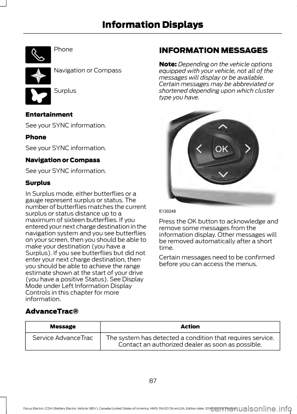 FORD FOCUS ELECTRIC 2017 3.G Owners Manual Phone
Navigation or Compass
Surplus
Entertainment
See your SYNC information.
Phone
See your SYNC information.
Navigation or Compass
See your SYNC information.
Surplus
In Surplus mode, either butterfli
