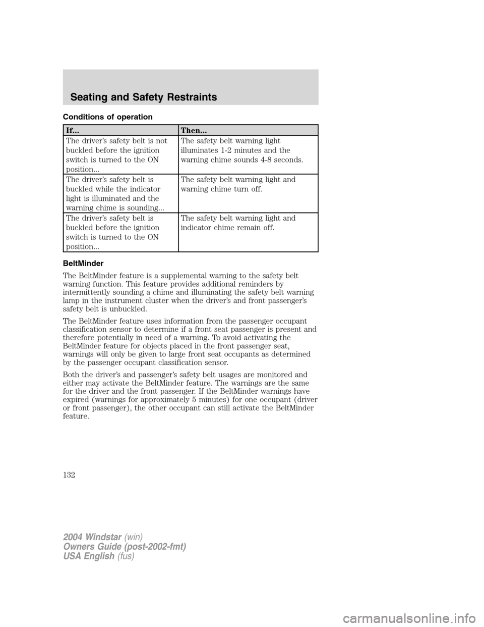 FORD FREESTAR 2004 1.G Owners Manual Conditions of operation
If... Then...
The driver’s safety belt is not
buckled before the ignition
switch is turned to the ON
position...The safety belt warning light
illuminates 1-2 minutes and the
FORD FREESTAR 2004 1.G Owners Manual Conditions of operation
If... Then...
The driver’s safety belt is not
buckled before the ignition
switch is turned to the ON
position...The safety belt warning light
illuminates 1-2 minutes and the