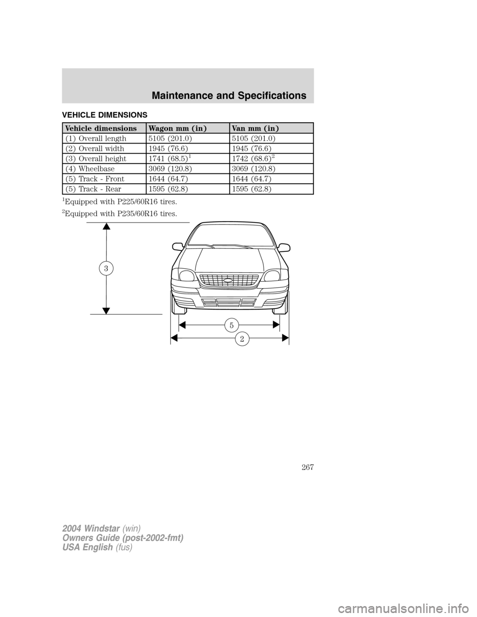 FORD FREESTAR 2004 1.G Owners Manual VEHICLE DIMENSIONS
Vehicle dimensions Wagon mm (in) Van mm (in)
(1) Overall length 5105 (201.0) 5105 (201.0)
(2) Overall width 1945 (76.6) 1945 (76.6)
(3) Overall height 1741 (68.5)
11742 (68.6)2
(4) 