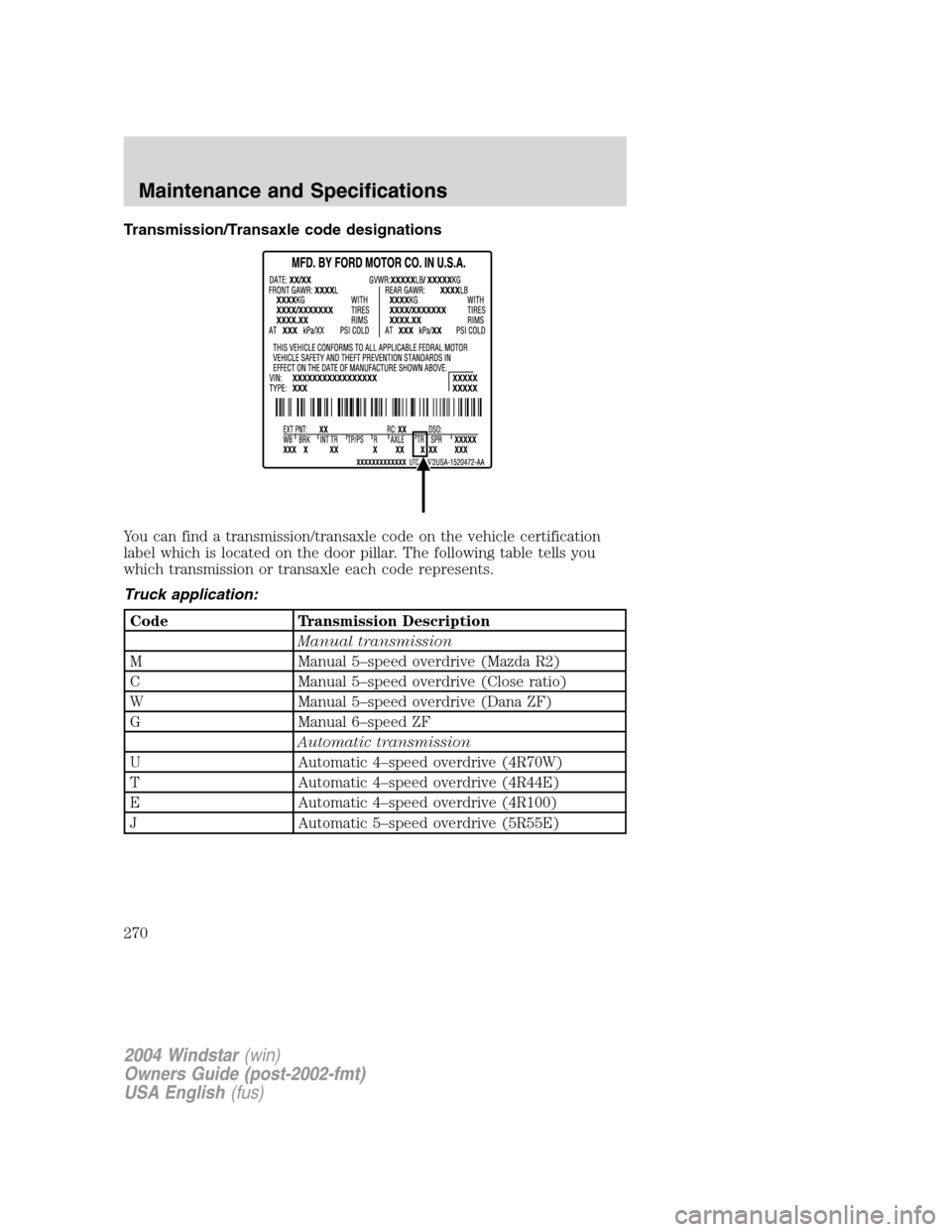 FORD FREESTAR 2004 1.G Owners Manual Transmission/Transaxle code designations
You can find a transmission/transaxle code on the vehicle certification
label which is located on the door pillar. The following table tells you
which transmis