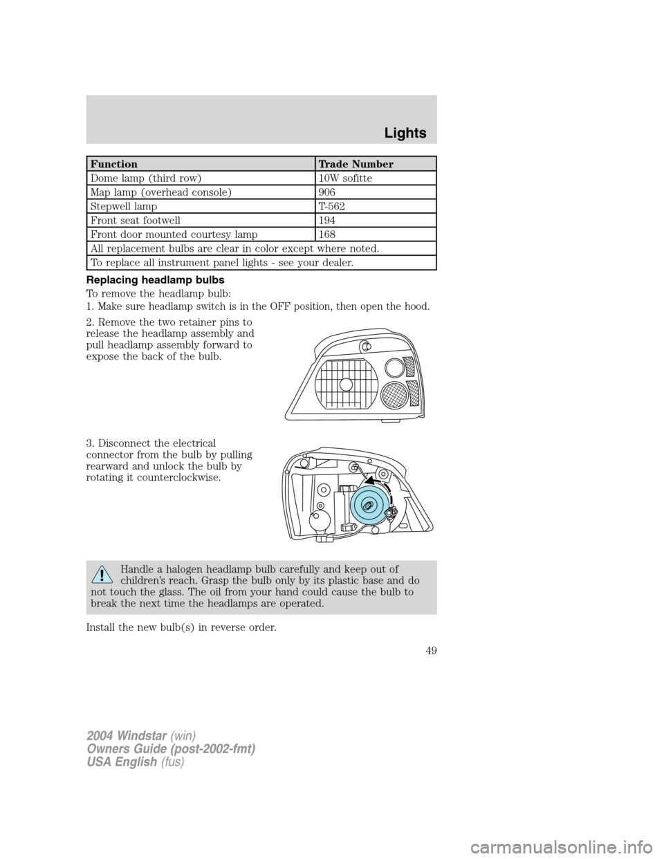 FORD FREESTAR 2004 1.G Service Manual Function Trade Number
Dome lamp (third row) 10W sofitte
Map lamp (overhead console) 906
Stepwell lamp T-562
Front seat footwell 194
Front door mounted courtesy lamp 168
All replacement bulbs are clear FORD FREESTAR 2004 1.G Service Manual Function Trade Number
Dome lamp (third row) 10W sofitte
Map lamp (overhead console) 906
Stepwell lamp T-562
Front seat footwell 194
Front door mounted courtesy lamp 168
All replacement bulbs are clear