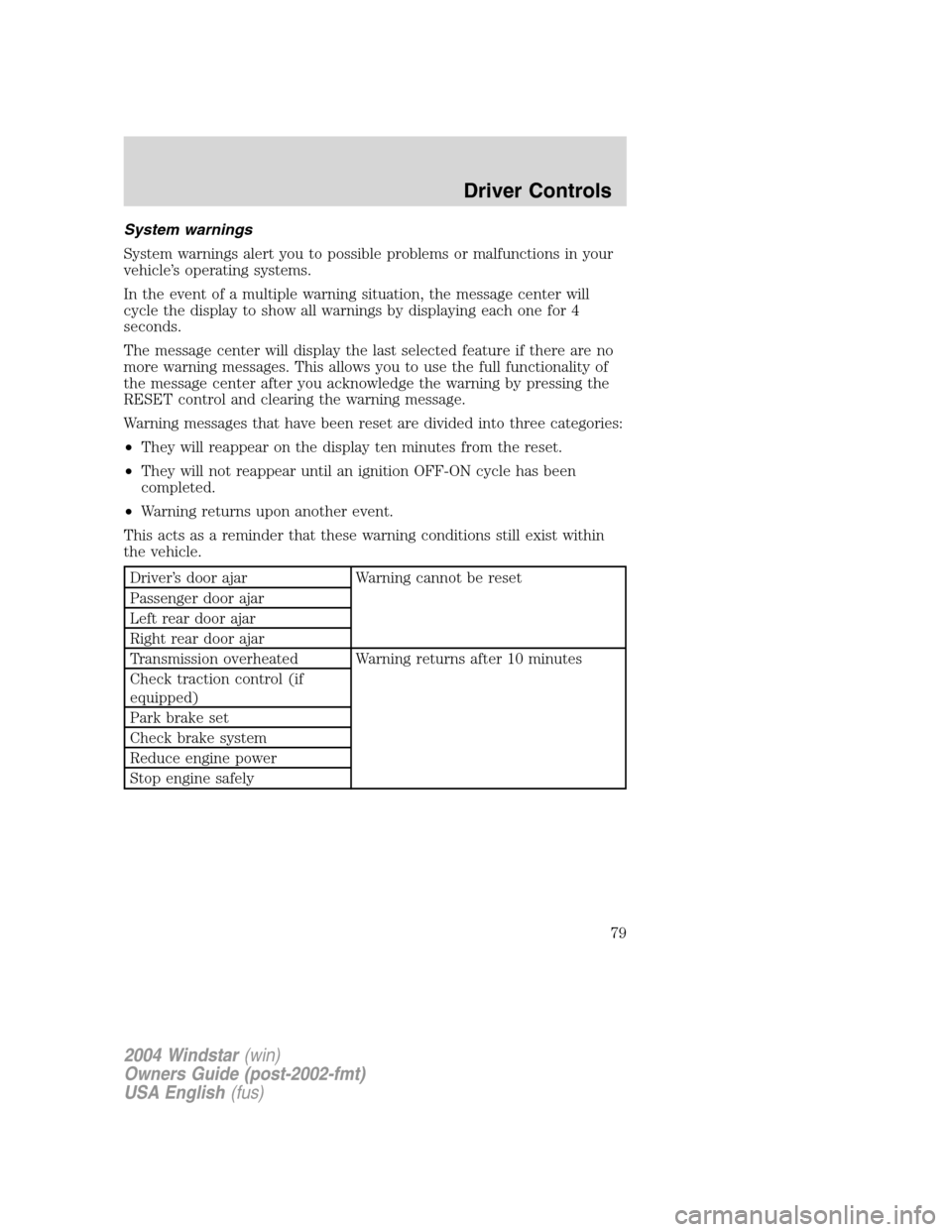 FORD FREESTAR 2004 1.G Manual PDF System warnings
System warnings alert you to possible problems or malfunctions in your
vehicle’s operating systems.
In the event of a multiple warning situation, the message center will
cycle the di