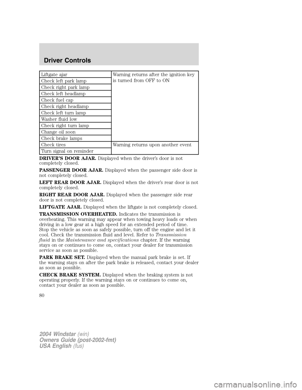 FORD FREESTAR 2004 1.G Owners Manual Liftgate ajar Warning returns after the ignition key
is turned from OFF to ON
Check left park lamp
Check right park lamp
Check left headlamp
Check fuel cap
Check right headlamp
Check left turn lamp
Wa