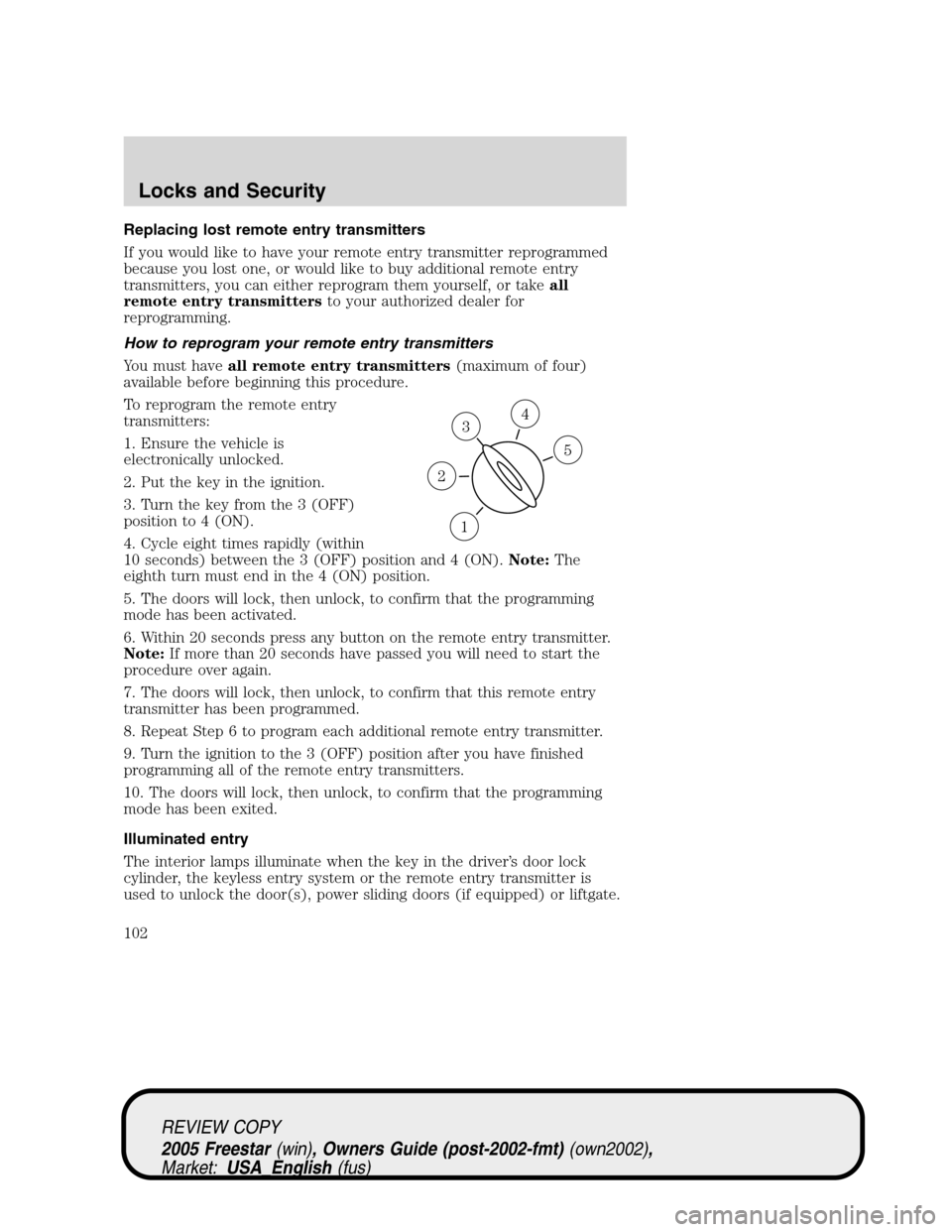FORD FREESTAR 2005 1.G Owners Manual Replacing lost remote entry transmitters
If you would like to have your remote entry transmitter reprogrammed
because you lost one, or would like to buy additional remote entry
transmitters, you can e FORD FREESTAR 2005 1.G Owners Manual Replacing lost remote entry transmitters
If you would like to have your remote entry transmitter reprogrammed
because you lost one, or would like to buy additional remote entry
transmitters, you can e
