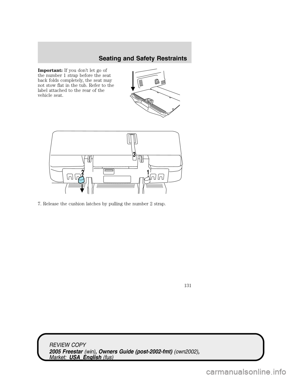 FORD FREESTAR 2005 1.G Owners Manual Important:If you don’t let go of
the number 1 strap before the seat
back folds completely, the seat may
not stow flat in the tub. Refer to the
label attached to the rear of the
vehicle seat.
7. Rele