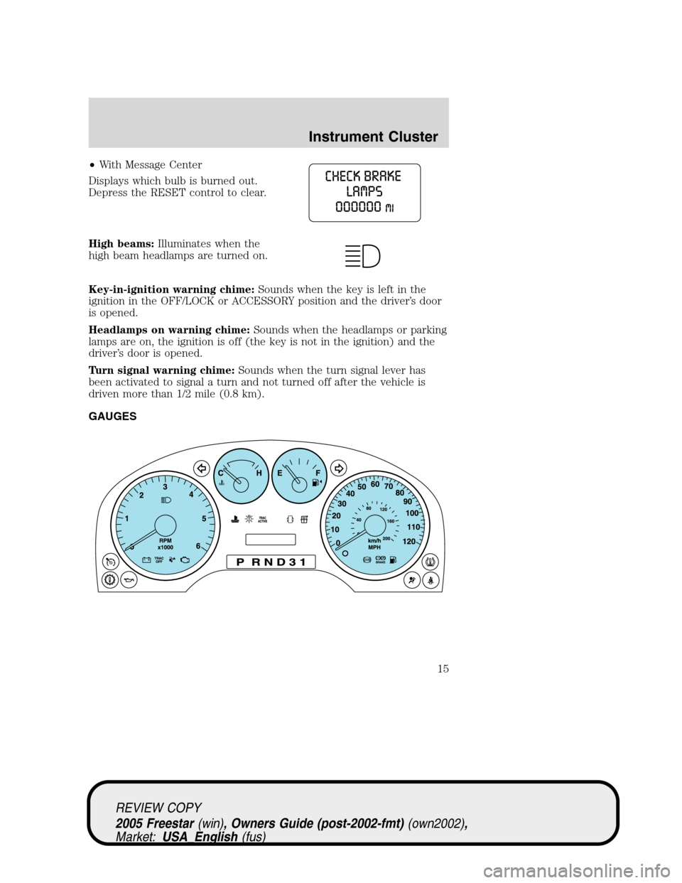 FORD FREESTAR 2005 1.G User Guide •With Message Center
Displays which bulb is burned out.
Depress the RESET control to clear.
High beams:Illuminates when the
high beam headlamps are turned on.
Key-in-ignition warning chime:Sounds wh