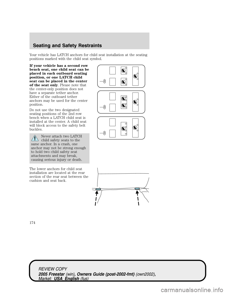 FORD FREESTAR 2005 1.G Owners Manual Your vehicle has LATCH anchors for child seat installation at the seating
positions marked with the child seat symbol.
If your vehicle has a second row
bench seat, one child seat can be
placed in each