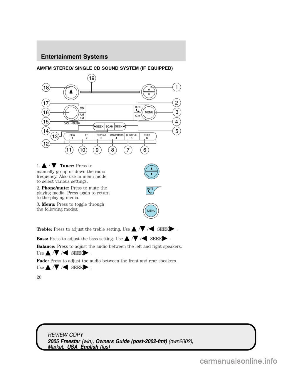 FORD FREESTAR 2005 1.G User Guide AM/FM STEREO/ SINGLE CD SOUND SYSTEM (IF EQUIPPED)
1.
/Tuner:Press to
manually go up or down the radio
frequency. Also use in menu mode
to select various settings.
2.Phone/mute:Press to mute the
playi