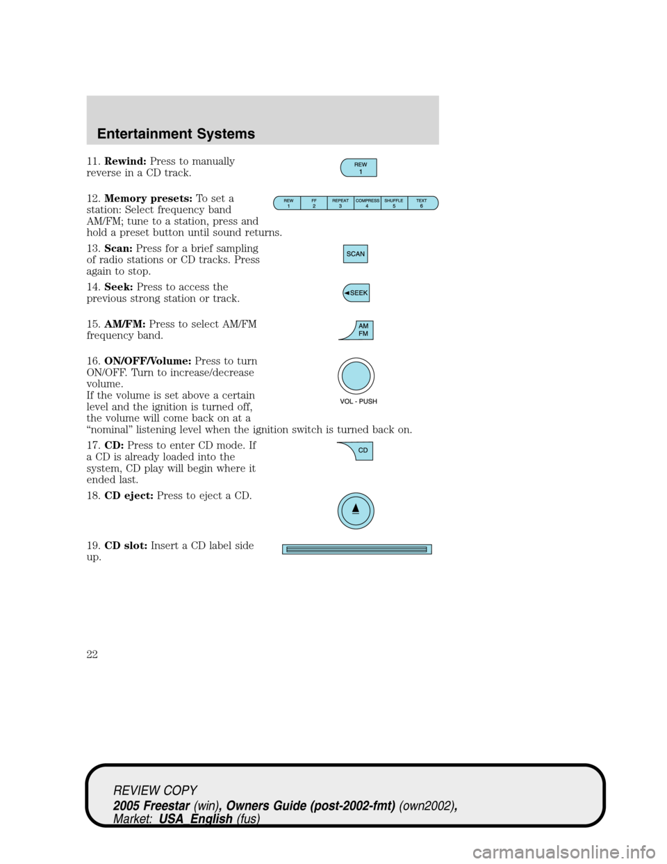 FORD FREESTAR 2005 1.G Owners Manual 11.Rewind:Press to manually
reverse in a CD track.
12.Memory presets:To set a
station: Select frequency band
AM/FM; tune to a station, press and
hold a preset button until sound returns.
13.Scan:Press FORD FREESTAR 2005 1.G Owners Manual 11.Rewind:Press to manually
reverse in a CD track.
12.Memory presets:To set a
station: Select frequency band
AM/FM; tune to a station, press and
hold a preset button until sound returns.
13.Scan:Press