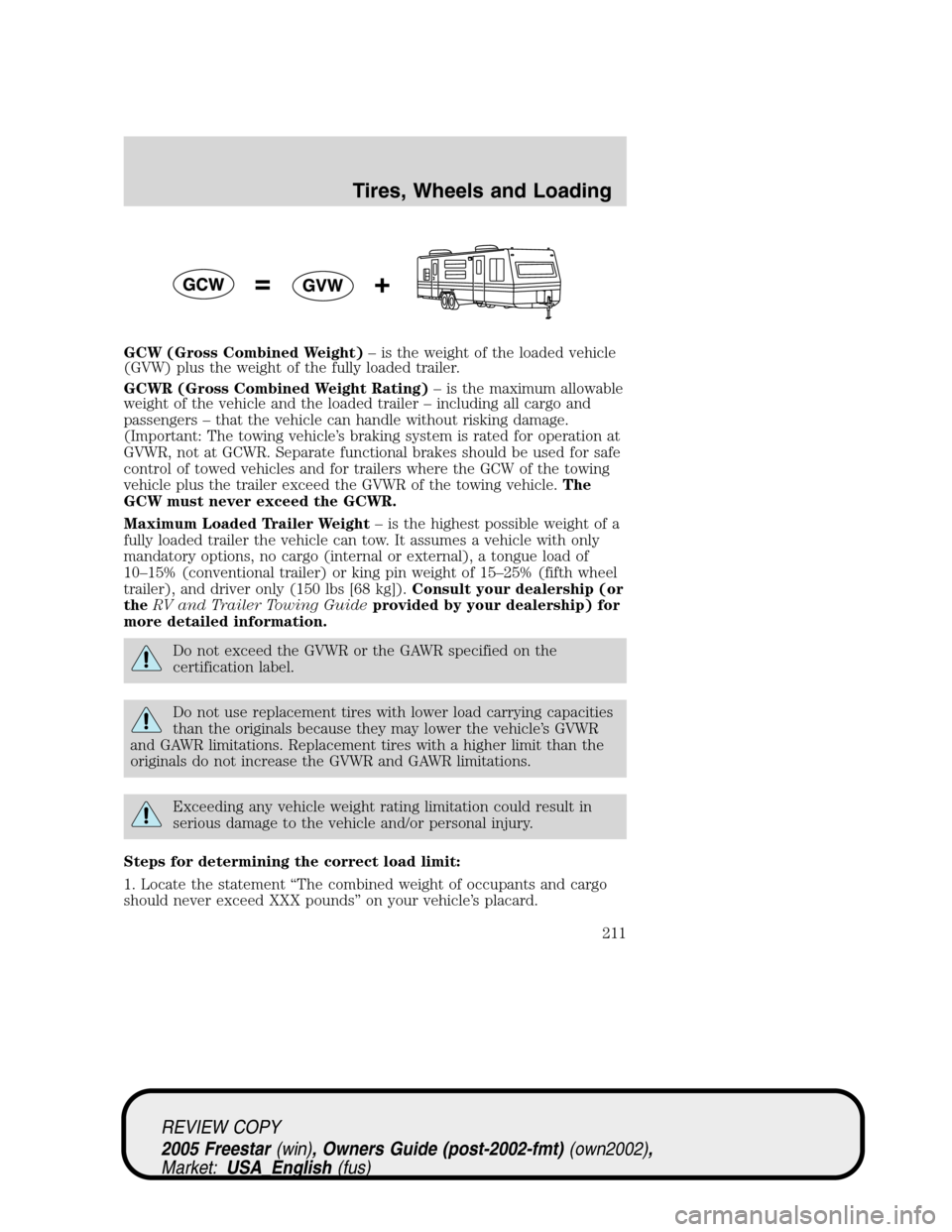 FORD FREESTAR 2005 1.G Owners Manual GCW (Gross Combined Weight)–is the weight of the loaded vehicle
(GVW) plus the weight of the fully loaded trailer.
GCWR (Gross Combined Weight Rating)–is the maximum allowable
weight of the vehicl