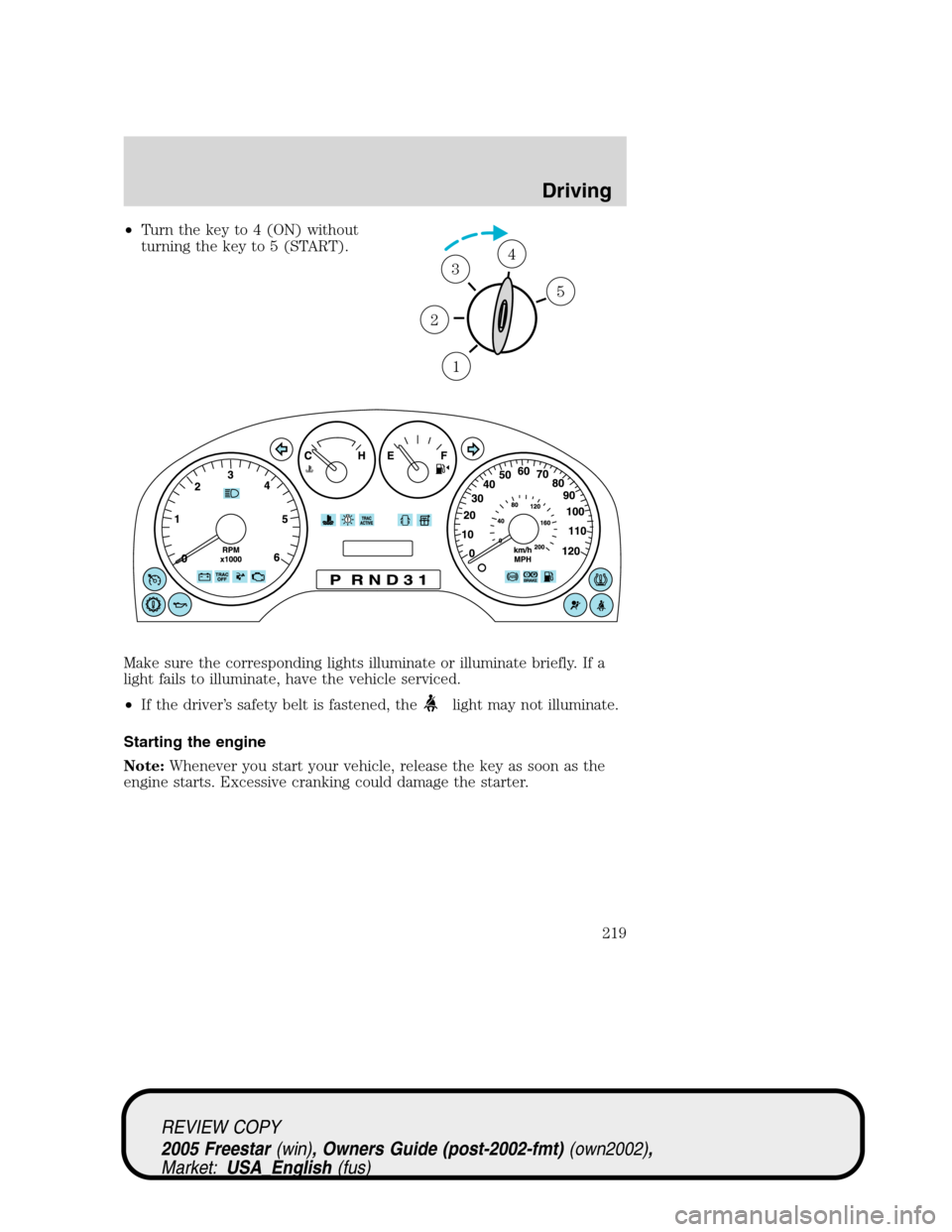 FORD FREESTAR 2005 1.G Owners Manual •Turn the key to 4 (ON) without
turning the key to 5 (START).
Make sure the corresponding lights illuminate or illuminate briefly. If a
light fails to illuminate, have the vehicle serviced.
•If th