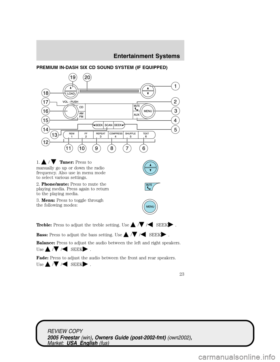 FORD FREESTAR 2005 1.G Owners Manual PREMIUM IN-DASH SIX CD SOUND SYSTEM (IF EQUIPPED)
1.
/Tuner:Press to
manually go up or down the radio
frequency. Also use in menu mode
to select various settings.
2.Phone/mute:Press to mute the
playin FORD FREESTAR 2005 1.G Owners Manual PREMIUM IN-DASH SIX CD SOUND SYSTEM (IF EQUIPPED)
1.
/Tuner:Press to
manually go up or down the radio
frequency. Also use in menu mode
to select various settings.
2.Phone/mute:Press to mute the
playin