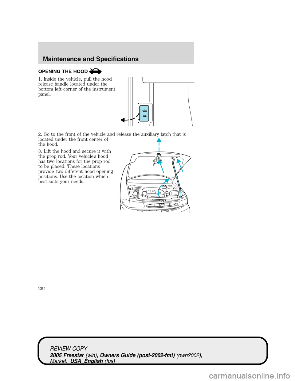 FORD FREESTAR 2005 1.G Owners Manual OPENING THE HOOD
1. Inside the vehicle, pull the hood
release handle located under the
bottom left corner of the instrument
panel.
2. Go to the front of the vehicle and release the auxiliary latch tha