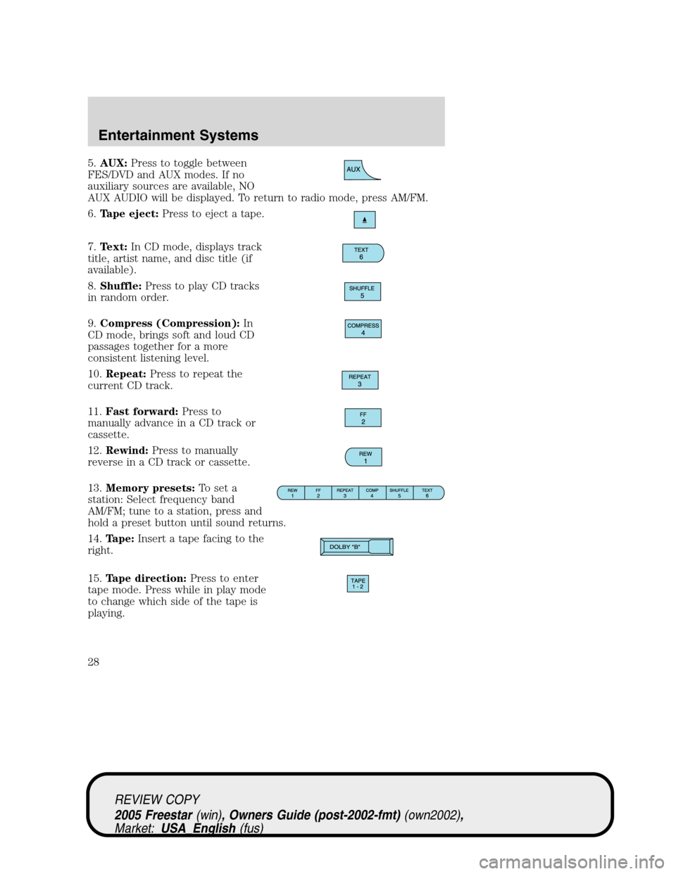 FORD FREESTAR 2005 1.G Owners Manual 5.AUX:Press to toggle between
FES/DVD and AUX modes. If no
auxiliary sources are available, NO
AUX AUDIO will be displayed. To return to radio mode, press AM/FM.
6.Tape eject:Press to eject a tape.
7. FORD FREESTAR 2005 1.G Owners Manual 5.AUX:Press to toggle between
FES/DVD and AUX modes. If no
auxiliary sources are available, NO
AUX AUDIO will be displayed. To return to radio mode, press AM/FM.
6.Tape eject:Press to eject a tape.
7.