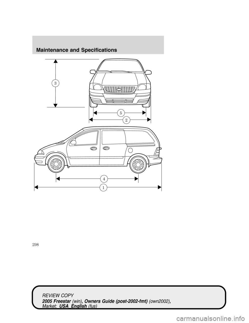 FORD FREESTAR 2005 1.G Owners Manual 1
4
REVIEW COPY
2005 Freestar(win), Owners Guide (post-2002-fmt)(own2002),
Market:USA_English(fus)
Maintenance and Specifications
298 