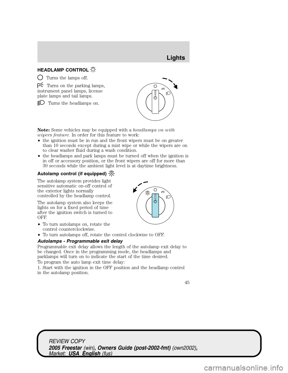 FORD FREESTAR 2005 1.G Service Manual HEADLAMP CONTROL
Turns the lamps off.
Turns on the parking lamps,
instrument panel lamps, license
plate lamps and tail lamps.
Turns the headlamps on.
Note:Some vehicles may be equipped with aheadlamps FORD FREESTAR 2005 1.G Service Manual HEADLAMP CONTROL
Turns the lamps off.
Turns on the parking lamps,
instrument panel lamps, license
plate lamps and tail lamps.
Turns the headlamps on.
Note:Some vehicles may be equipped with aheadlamps