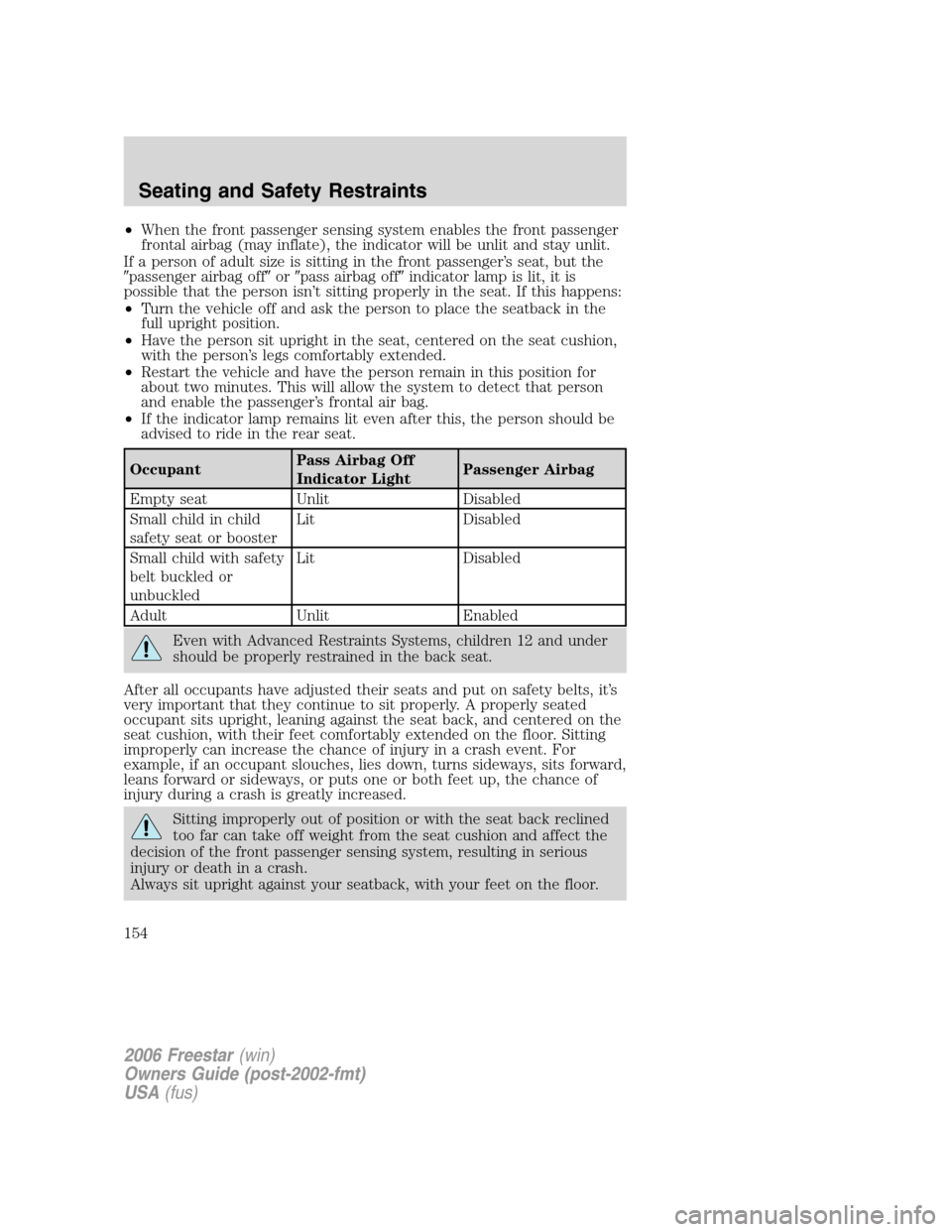 FORD FREESTAR 2006 1.G Owners Manual •When the front passenger sensing system enables the front passenger
frontal airbag (may inflate), the indicator will be unlit and stay unlit.
If a person of adult size is sitting in the front passe