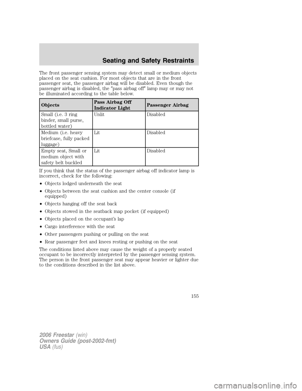 FORD FREESTAR 2006 1.G Owners Manual The front passenger sensing system may detect small or medium objects
placed on the seat cushion. For most objects that are in the front
passenger seat, the passenger airbag will be disabled. Even tho