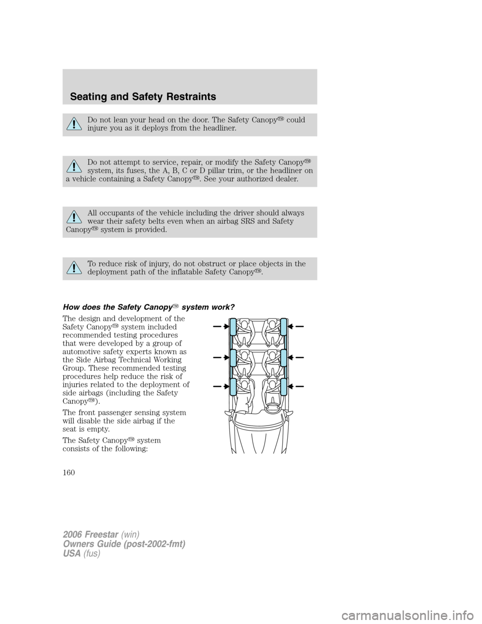 FORD FREESTAR 2006 1.G Owners Manual Do not lean your head on the door. The Safety Canopycould
injure you as it deploys from the headliner.
Do not attempt to service, repair, or modify the Safety Canopy
system, its fuses, the A, B, C o
