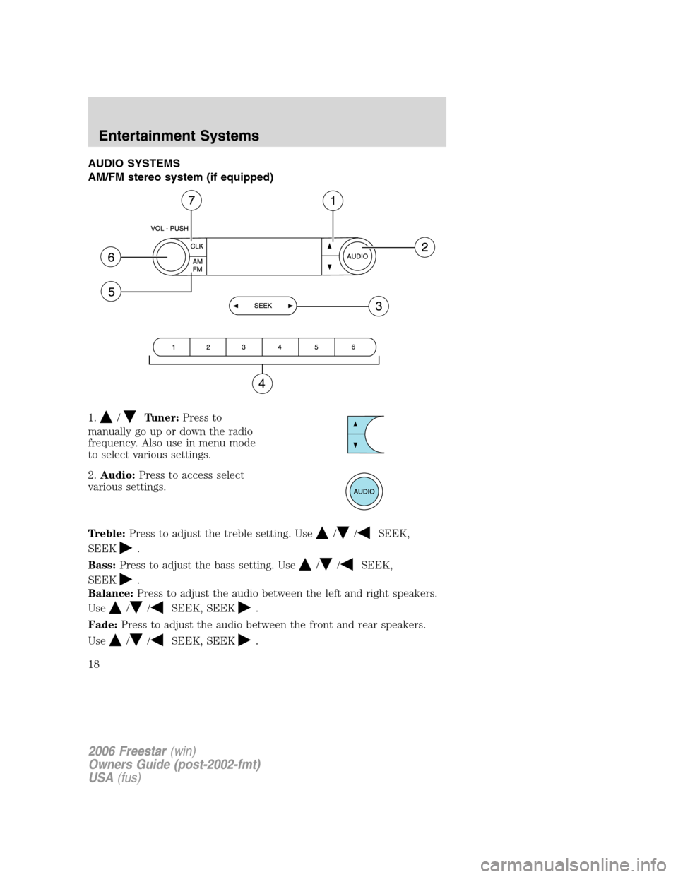 FORD FREESTAR 2006 1.G Owners Manual AUDIO SYSTEMS
AM/FM stereo system (if equipped)
1.
/Tuner:Press to
manually go up or down the radio
frequency. Also use in menu mode
to select various settings.
2.Audio:Press to access select
various 