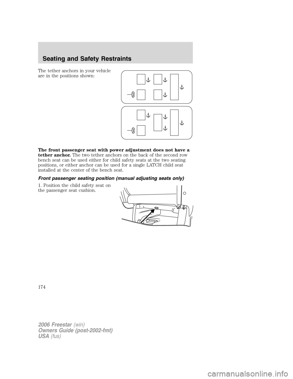 FORD FREESTAR 2006 1.G Owners Manual The tether anchors in your vehicle
are in the positions shown:
The front passenger seat with power adjustment does not have a
tether anchor.The two tether anchors on the back of the second row
bench s
