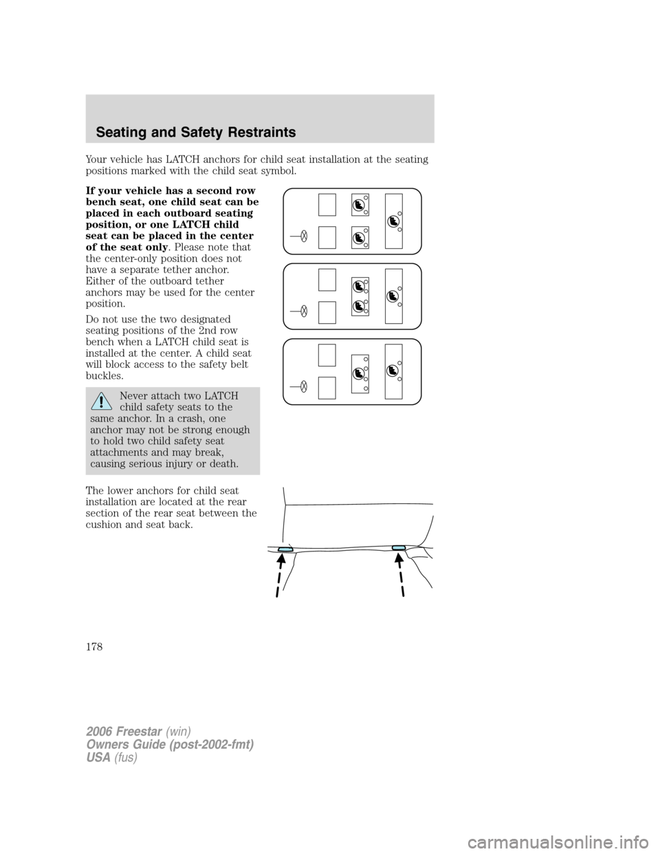 FORD FREESTAR 2006 1.G Owners Manual Your vehicle has LATCH anchors for child seat installation at the seating
positions marked with the child seat symbol.
If your vehicle has a second row
bench seat, one child seat can be
placed in each