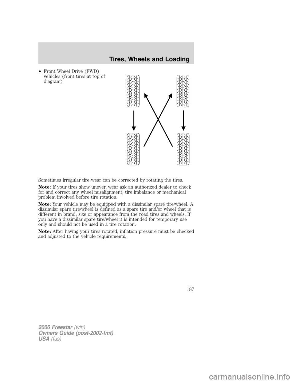 FORD FREESTAR 2006 1.G Owners Manual •Front Wheel Drive (FWD)
vehicles (front tires at top of
diagram)
Sometimes irregular tire wear can be corrected by rotating the tires.
Note:If your tires show uneven wear ask an authorized dealer t FORD FREESTAR 2006 1.G Owners Manual •Front Wheel Drive (FWD)
vehicles (front tires at top of
diagram)
Sometimes irregular tire wear can be corrected by rotating the tires.
Note:If your tires show uneven wear ask an authorized dealer t