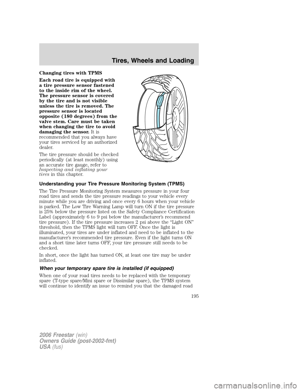 FORD FREESTAR 2006 1.G Owners Manual Changing tires with TPMS
Each road tire is equipped with
a tire pressure sensor fastened
to the inside rim of the wheel.
The pressure sensor is covered
by the tire and is not visible
unless the tire i