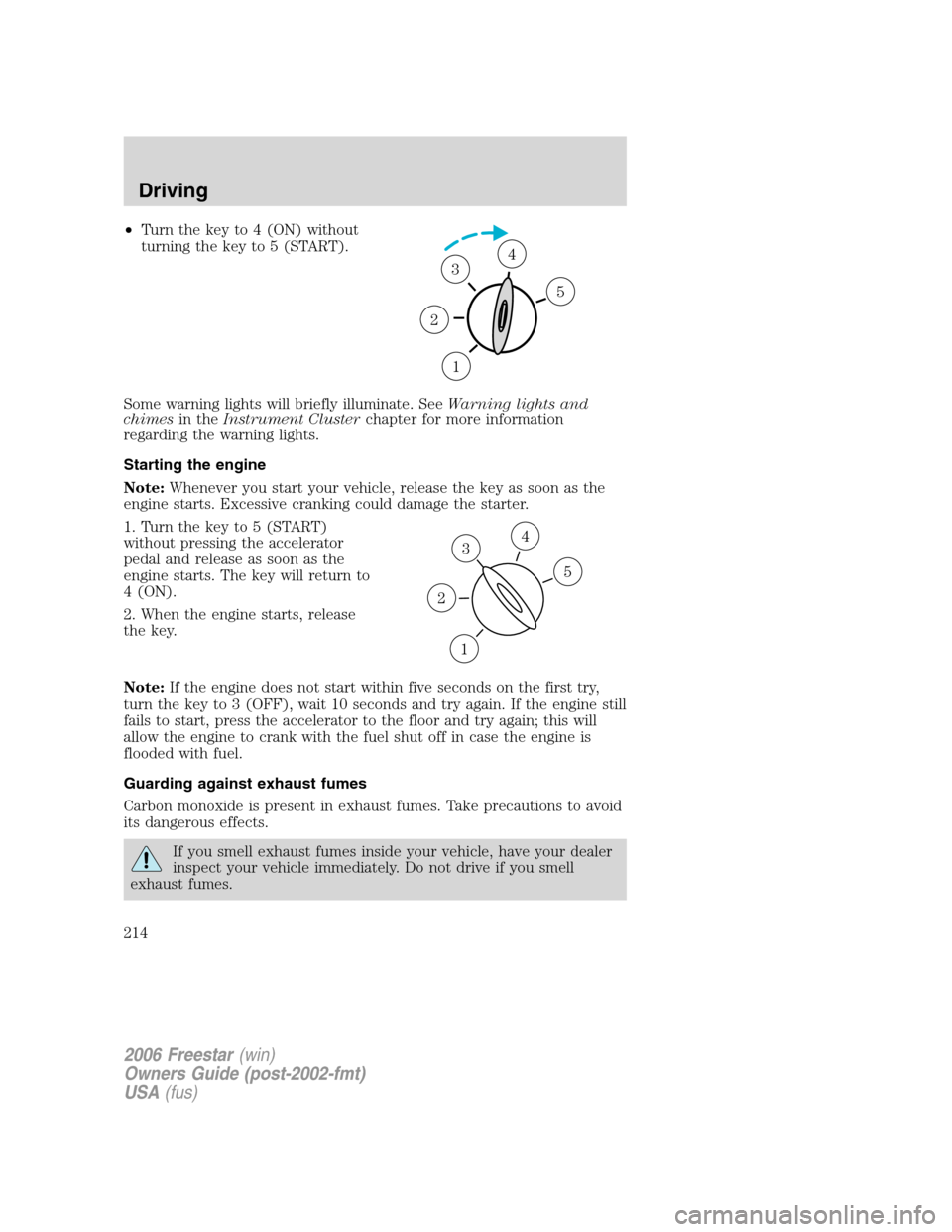 FORD FREESTAR 2006 1.G Owners Manual •Turn the key to 4 (ON) without
turning the key to 5 (START).
Some warning lights will briefly illuminate. SeeWarning lights and
chimesin theInstrument Clusterchapter for more information
regarding 